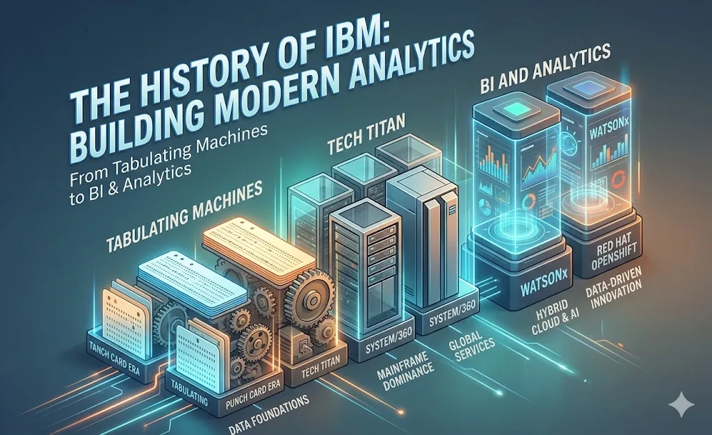 IBM history timeline from tabulating machines and punch card era to hybrid cloud, WatsonX, and modern business intelligence analytics