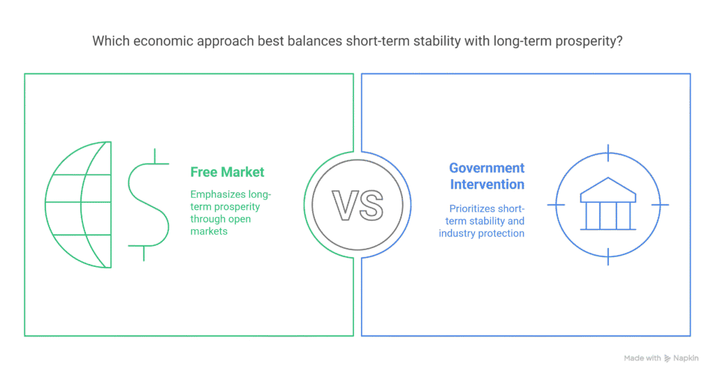 Which economic approach best balances short-term stability with long-term prosperity?