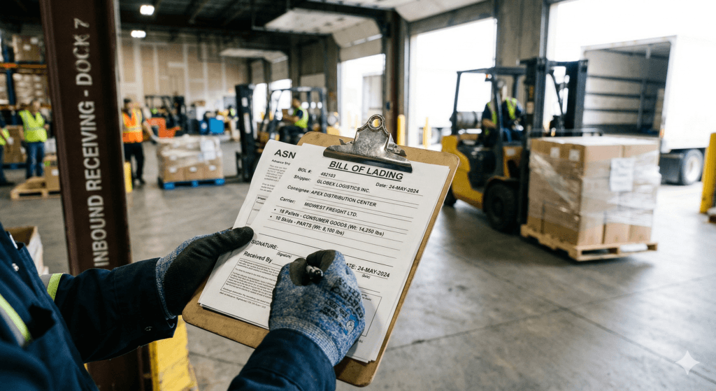 Verifying documents during DC inbound receiving for LTL shipments.