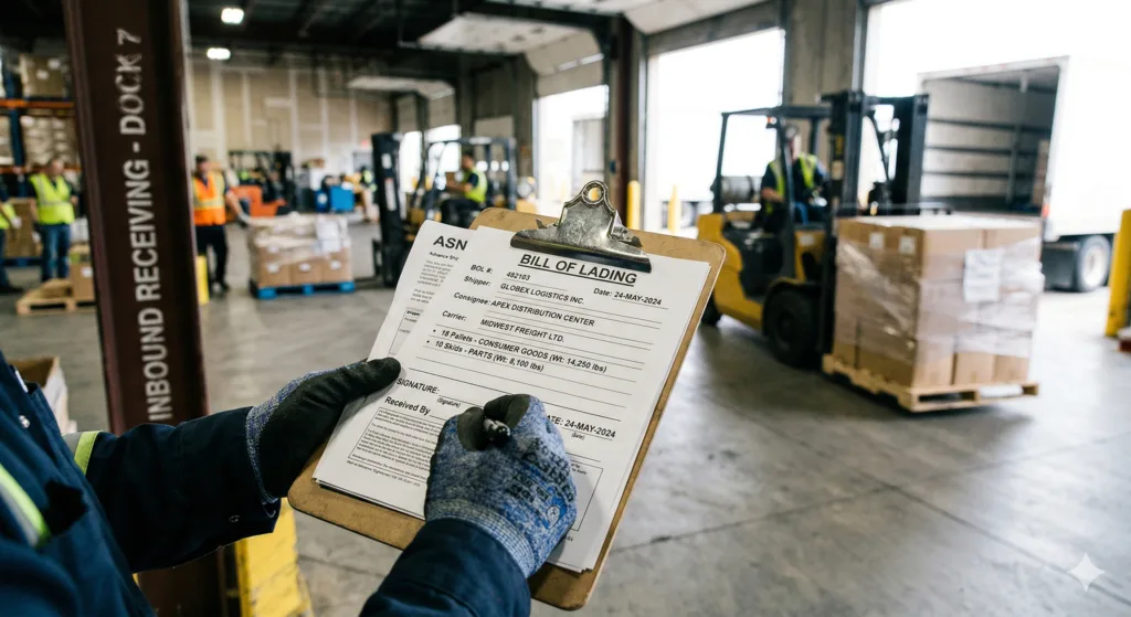 The Warehouse Receiving Process: What Happens When LTL Freight Hits Your Dock Verifying documents during DC inbound receiving for LTL shipments.