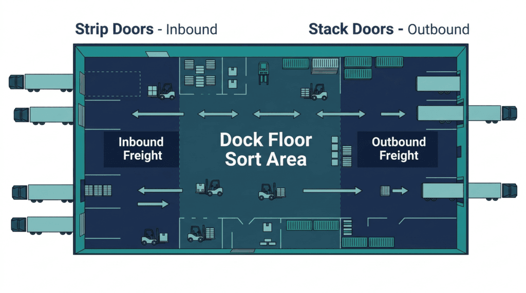 Diagram explaining how a freight terminal works, illustrating LTL freight routing through inbound strip doors and outbound stack doors for efficient terminal operations.