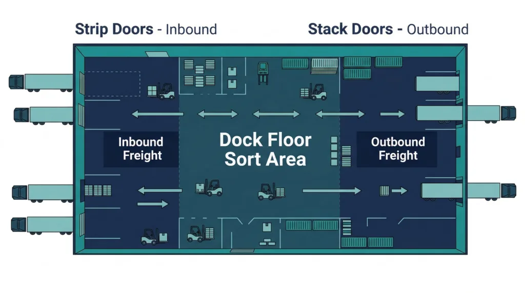 How a Freight Terminal Works: LTL, FTL & 6 Essential Steps Diagram explaining how a freight terminal works, illustrating LTL freight routing through inbound strip doors and outbound stack doors for efficient terminal operations.