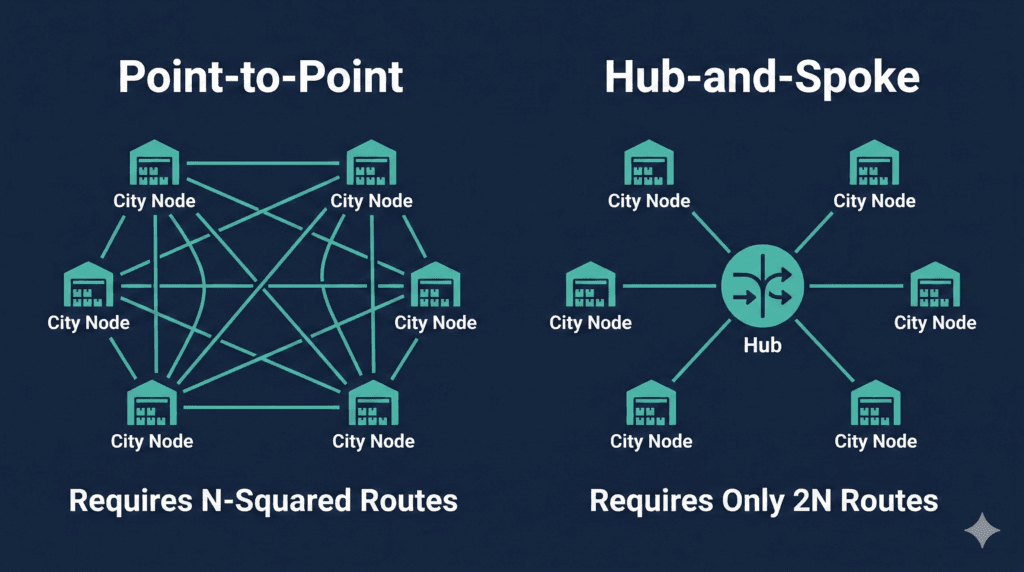 how a freight terminal works - LTL hub and spoke network diagram compared to point to point routing