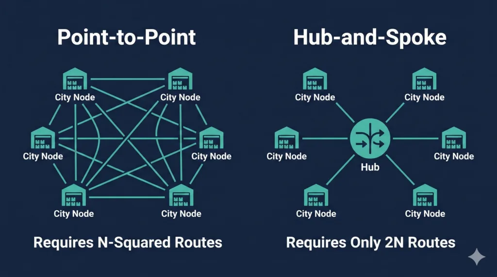 How a Freight Terminal Works: LTL, FTL & 6 Essential Steps how a freight terminal works - LTL hub and spoke network diagram compared to point to point routing