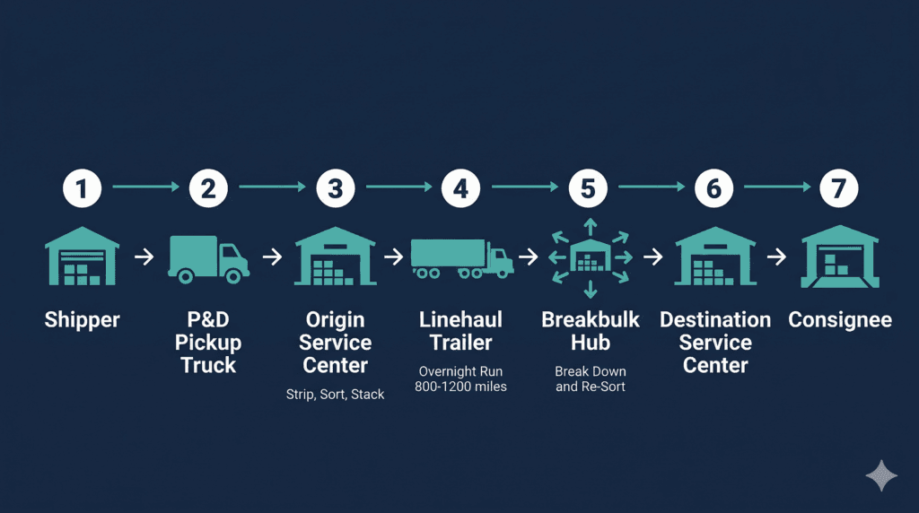 how a freight terminal works - LTL shipment journey from shipper through breakbulk hub to consignee