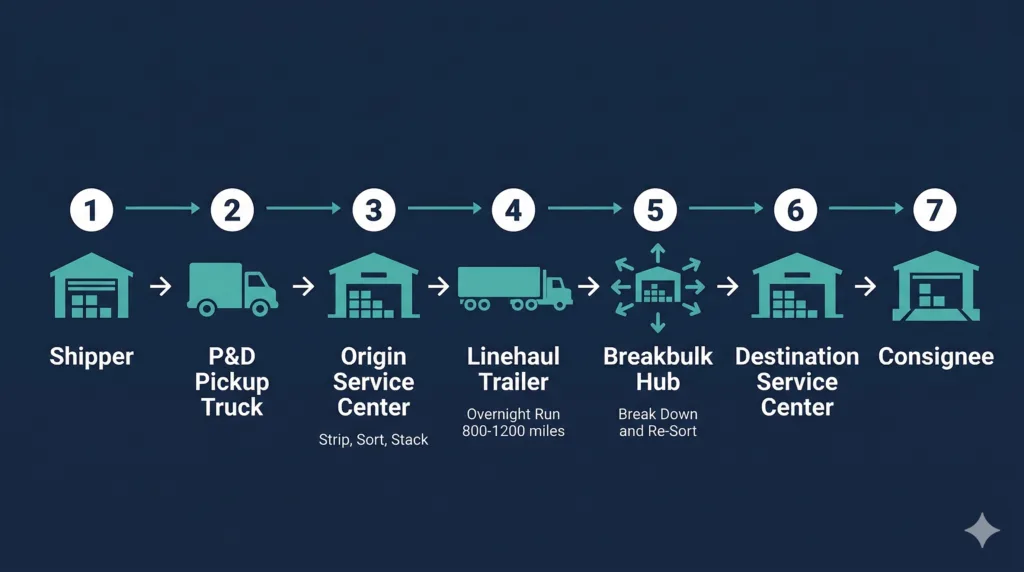 How a Freight Terminal Works: LTL, FTL & 6 Essential Steps how a freight terminal works - LTL shipment journey from shipper through breakbulk hub to consignee