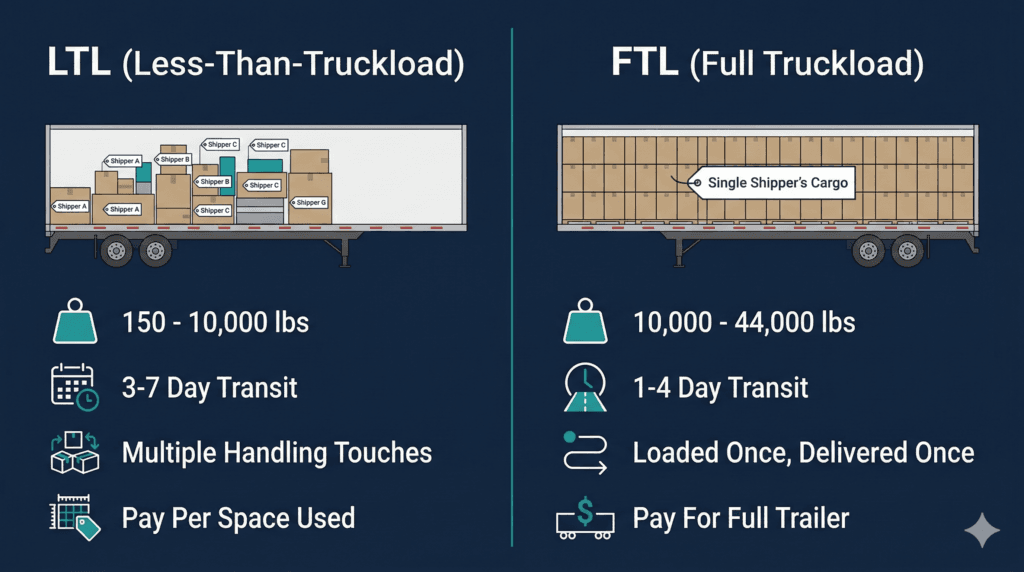 how a freight terminal works - LTL vs FTL freight comparison showing weight limits transit times and handling differences
