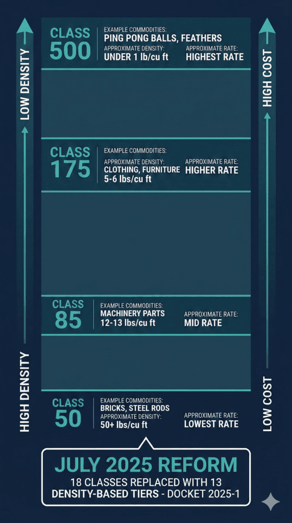 how a freight terminal works - NMFC freight classification chart class 50 to class 500 with July 2025 density reform