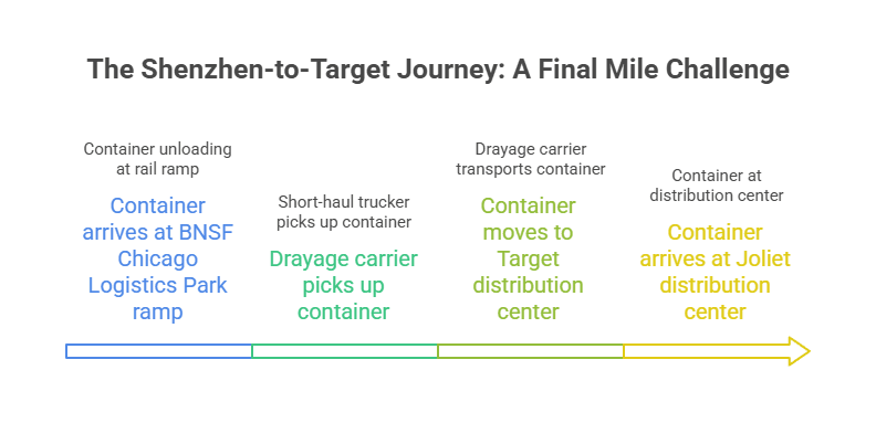 Shenzhen to Target supply chain journey — drayage flowchart showing container movement from BNSF Chicago Logistics Park to Joliet distribution center
