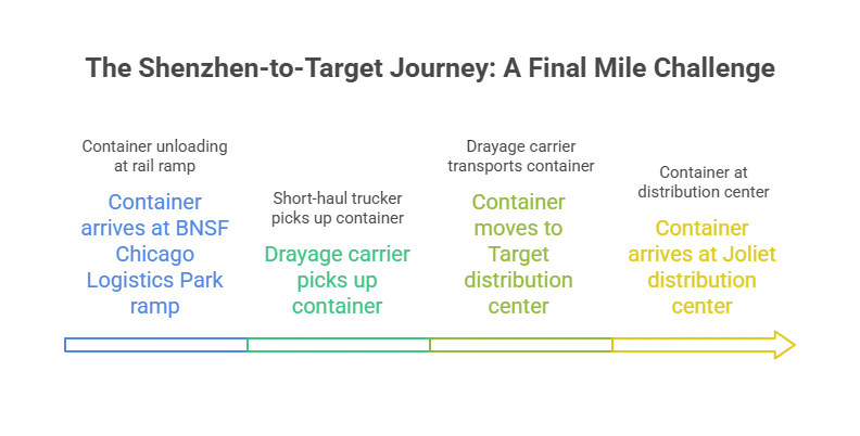7 Global Supply Chain Transportation Modes: The Ultimate Operational Guide Shenzhen to Target supply chain journey — drayage flowchart showing container movement from BNSF Chicago Logistics Park to Joliet distribution center