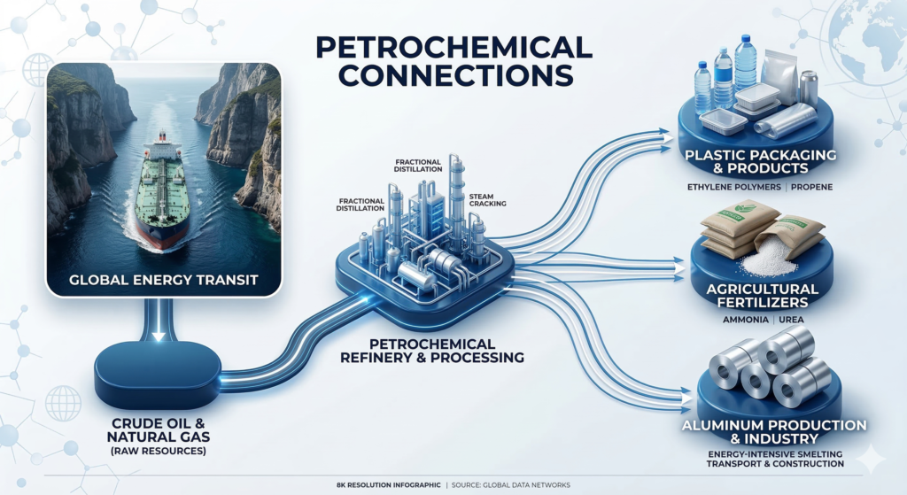 An infographic visualizing the strait of hormuz supply chain impact on petrochemical and fertilizer distribution for DC leaders.