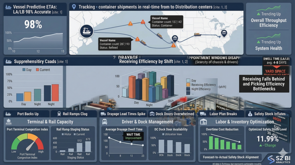 How Port Congestion Ripples Through Your DC: The Hidden Costs Nobody Tracks Consolidated supply chain BI dashboard showing predictive ETAs and multi-modal logistics tracking for port congestion mitigation