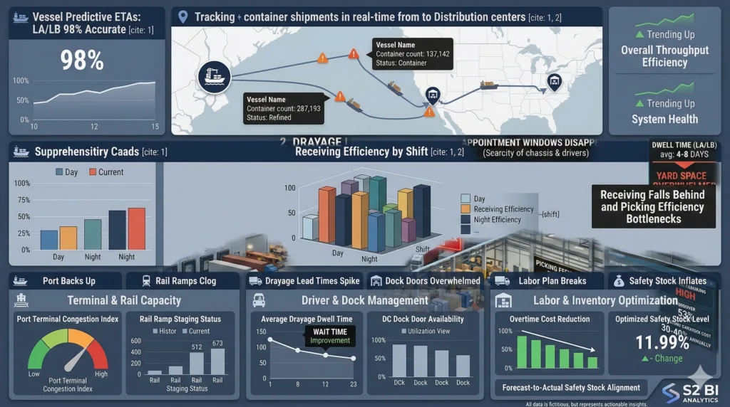 How Port Congestion Ripples Through Your DC: The Hidden Costs Nobody Tracks Consolidated supply chain BI dashboard showing predictive ETAs and multi-modal logistics tracking for port congestion mitigation