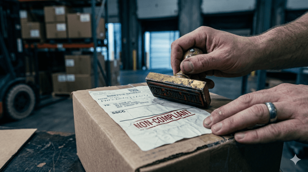 Warehouse Receiving Process: Dock-to-Stock Explained Close-up of a vendor compliance warehouse violation being physically flagged on a receiving dock, illustrating the resulting manual rework and labor cost.