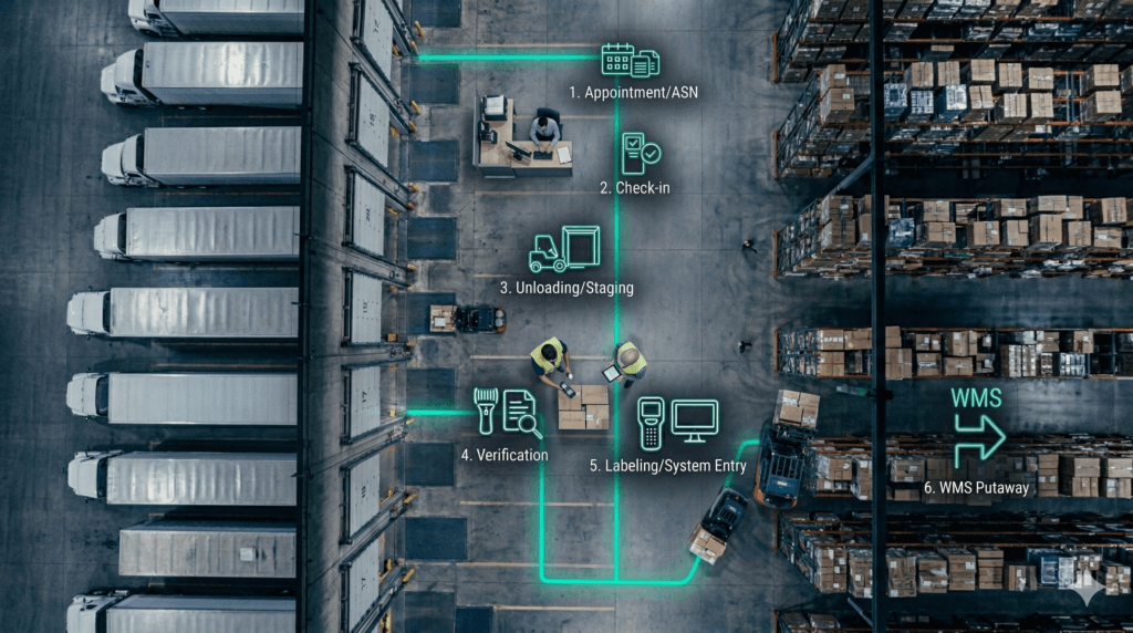 Warehouse Receiving Process: Dock-to-Stock Explained Strategic workflow of the warehouse receiving process illustrating the data-driven path from ASN verification to WMS-directed putaway for reducing dock-to-stock lag.