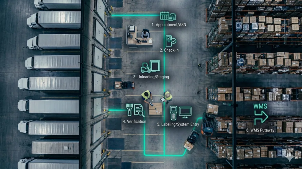 Warehouse Receiving Process: Dock-to-Stock Explained Strategic workflow of the warehouse receiving process illustrating the data-driven path from ASN verification to WMS-directed putaway for reducing dock-to-stock lag.