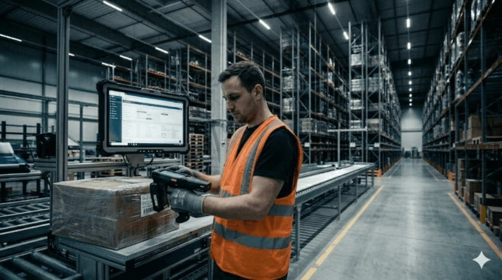 Distribution Center Operations WMS Distribution center operations: warehouse worker using RF scanner with WMS workstation in background