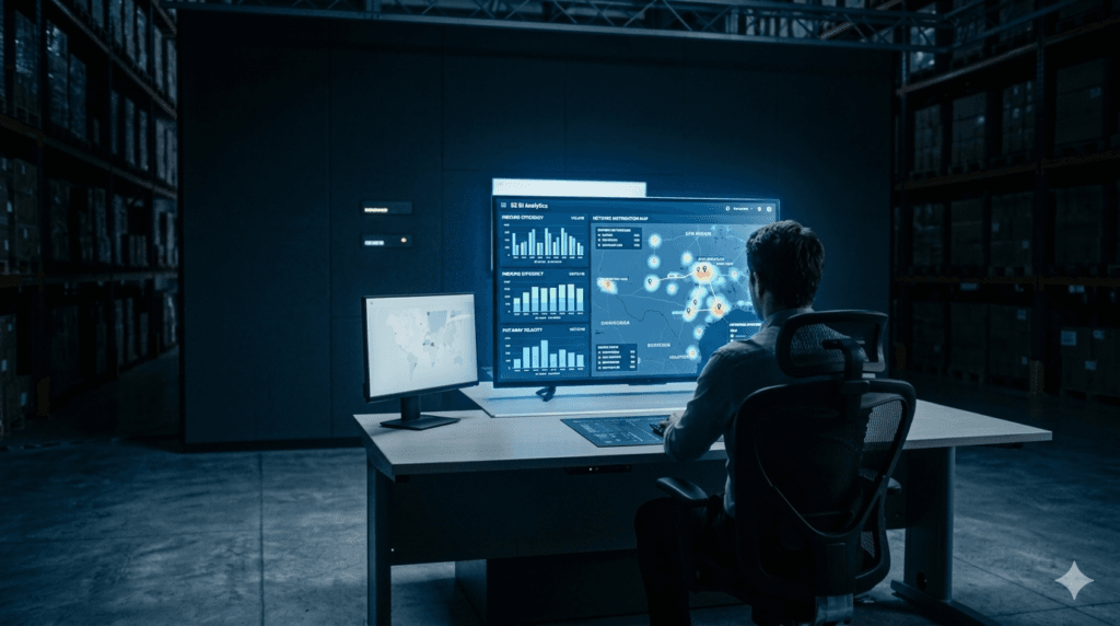 DC Operations KPIs Dashboard DC operations KPIs displayed on warehouse management dashboards in a distribution center command center